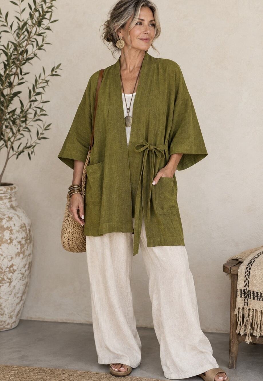 Gudrun Sjoden Kimono Wrap Jacket Olive Lagenlook Pockets Large Organic Cotton U3